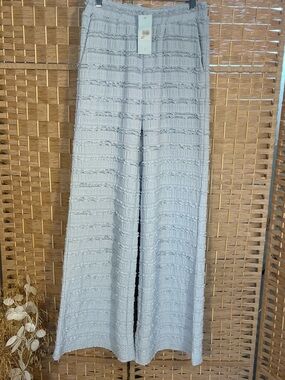 Wide-Leg Textured Ruffle Knit Pants in Light Blue NWT Size Small